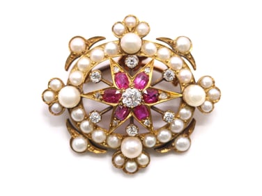 18k YG Diamond Ruby Brooch