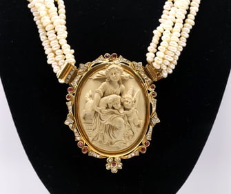 18k YG Diamond Ruby Pearl and Lava Cameo Necklace