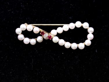 14k YG Diamond Ruby and Pearl Pin