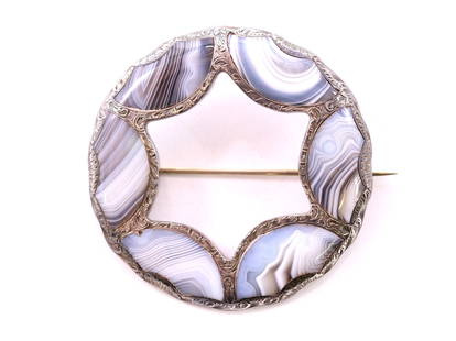 Victorian Scottish Agate Brooch: Victorian grey agate and chased sterling silver wreath brooch, circa 1870. Provenance: S.J. Shrubsole. 2.125" and 18.1dwt