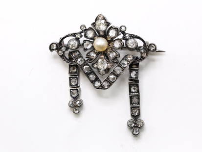 Victorian Diamond Pearl Brooch: Silver-topped 18k gold brooch set with rose-cut diamonds and a central pearl, in a floral and ribbon motif, likely mid-19th century European.
