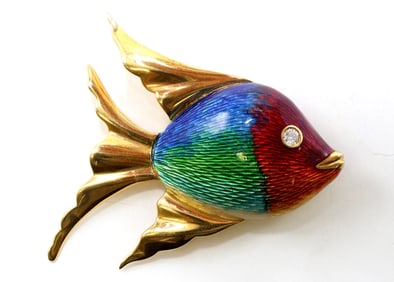 Carlo Illario 18k YG Enamel and Diamond Fish Brooch