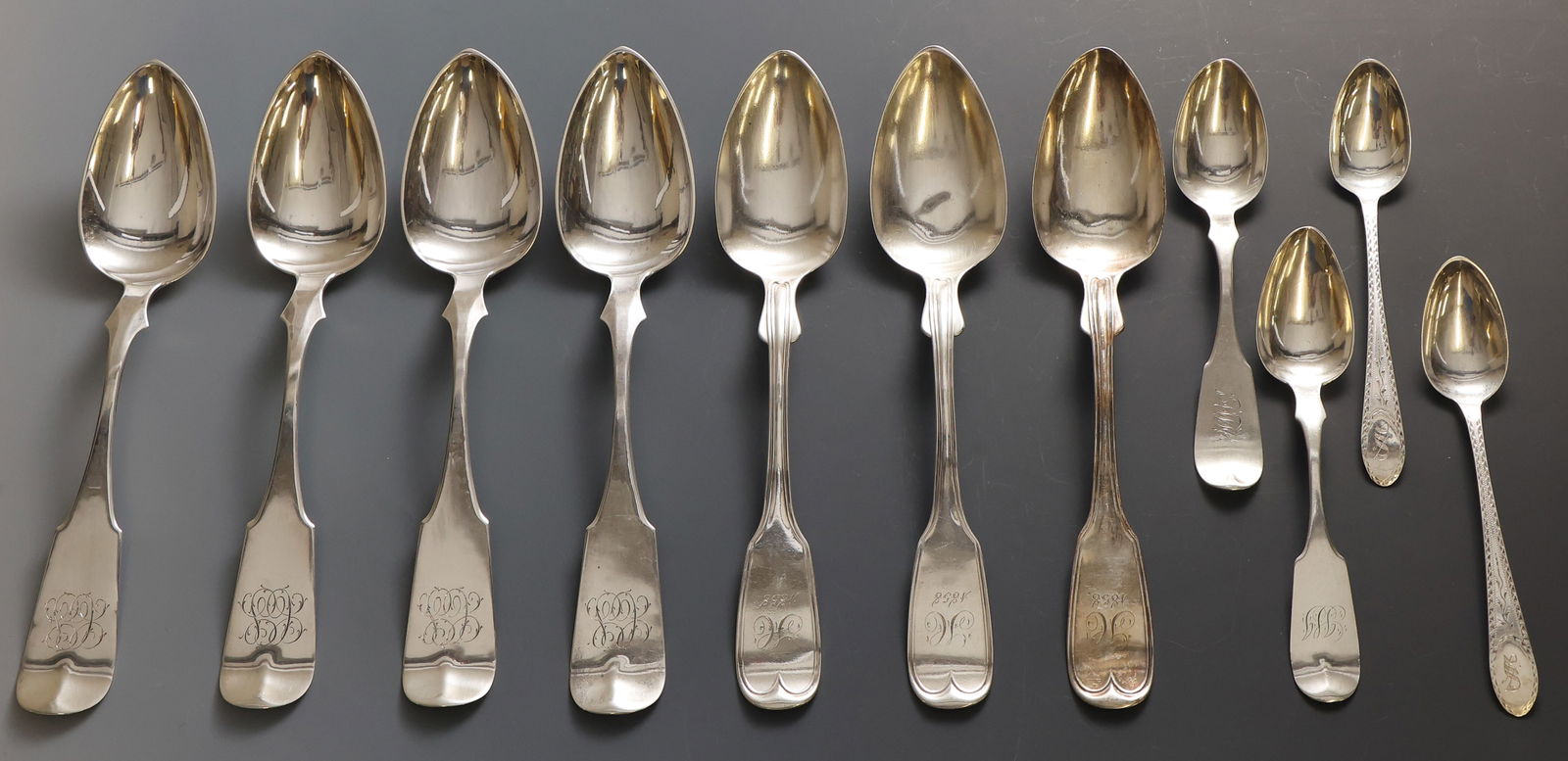 Robert and William Wilson Coin Silver Spoons: American coin silver tablespoons and teaspoons, including fiddle tipt with shoulders, threaded and plain, and brightcut Old English variants, by Robert Wilson and William Wilson, Philadelphia, mid 19t