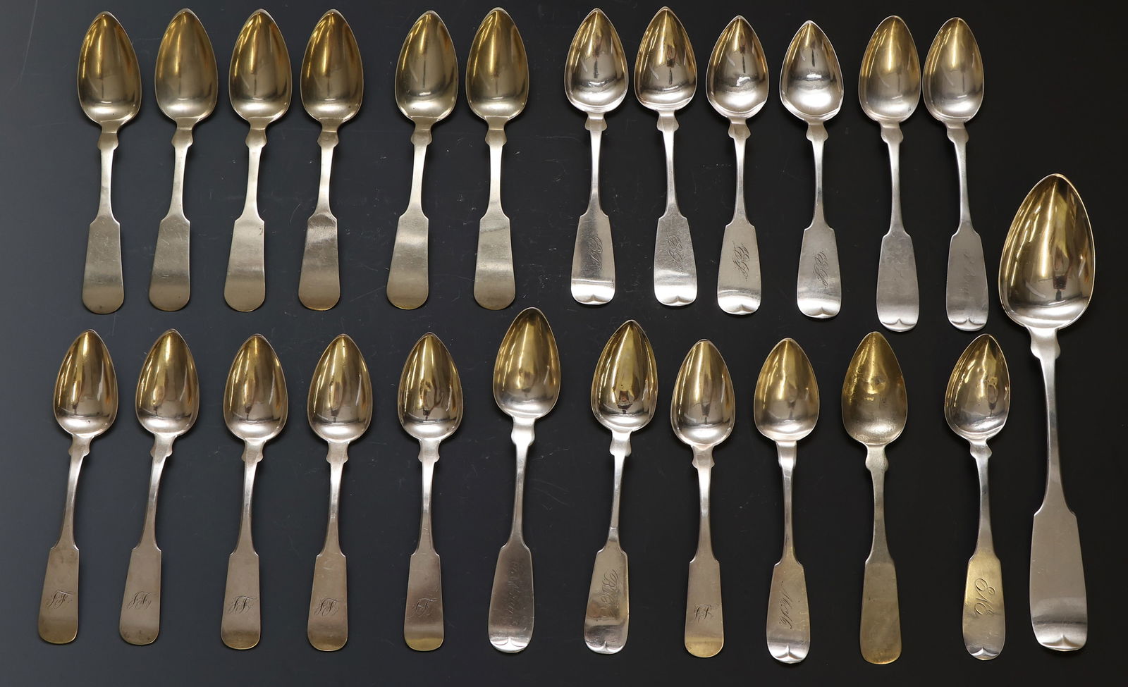 New York Coin Silver Spoons: American coin silver tablespoon and teaspoons, fiddle variants, by Newell Matson (1815 - 1887, Danville), William Harrison Sigourney (1815 - 1895, Watertown), Hall and Elton (1840 - 1850 partnership o