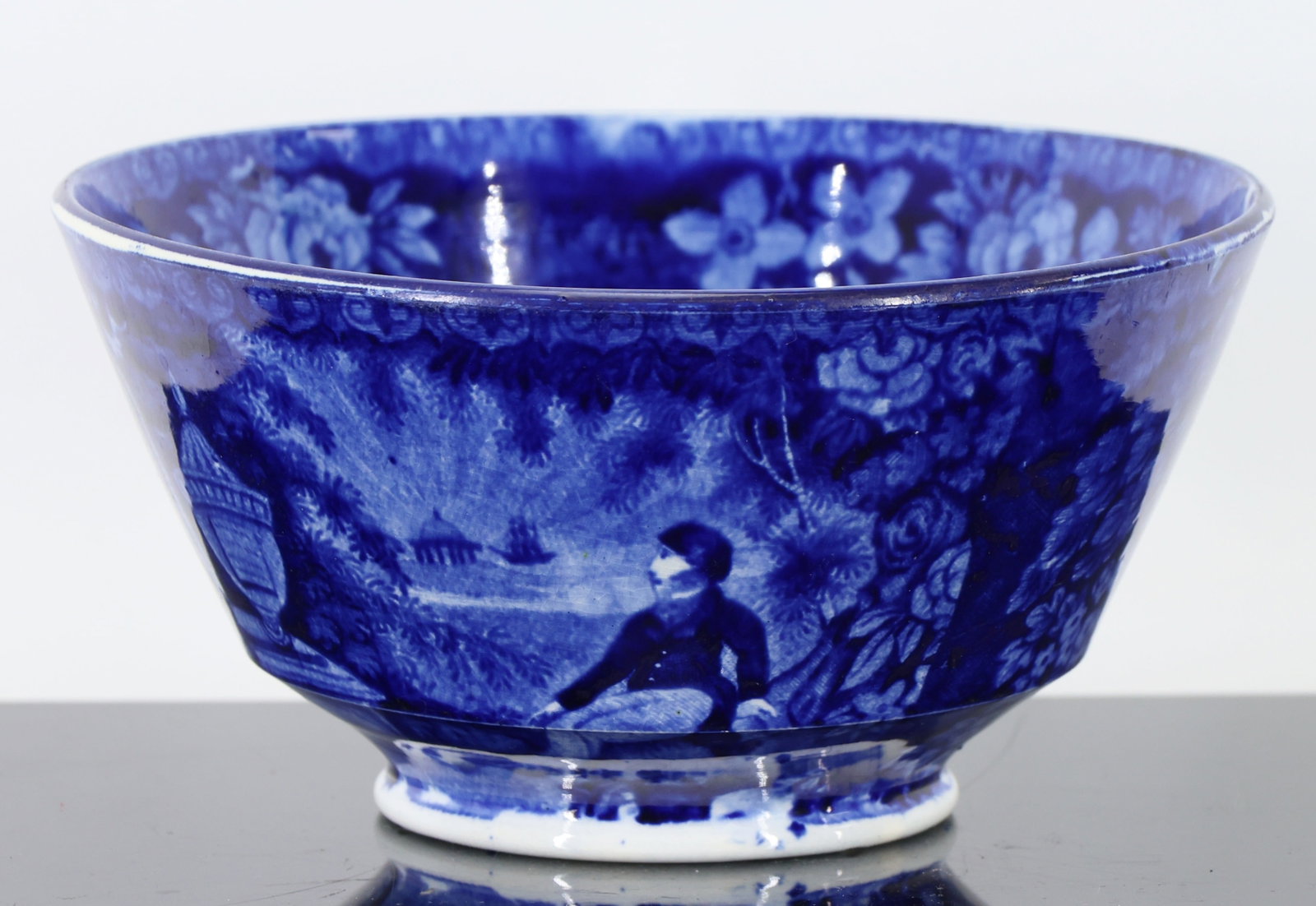 Historic Staffordshire Transfer Waste Bowl: Staffordshire dark blue transfer-printed waste bowl featuring Marquis de Lafayette at Washington's Tomb. Designed by Thomas Mayer for Stoke. Provenance "Historical Dark Blue Transfer-Printed Staffords