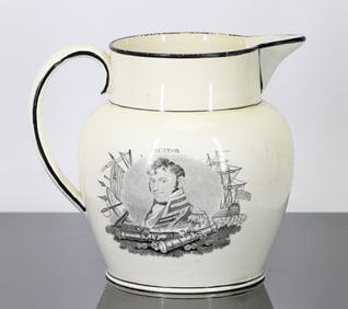 Creamware Jug Depicting Stephen Decatur and the USS Wasp, c. 1815