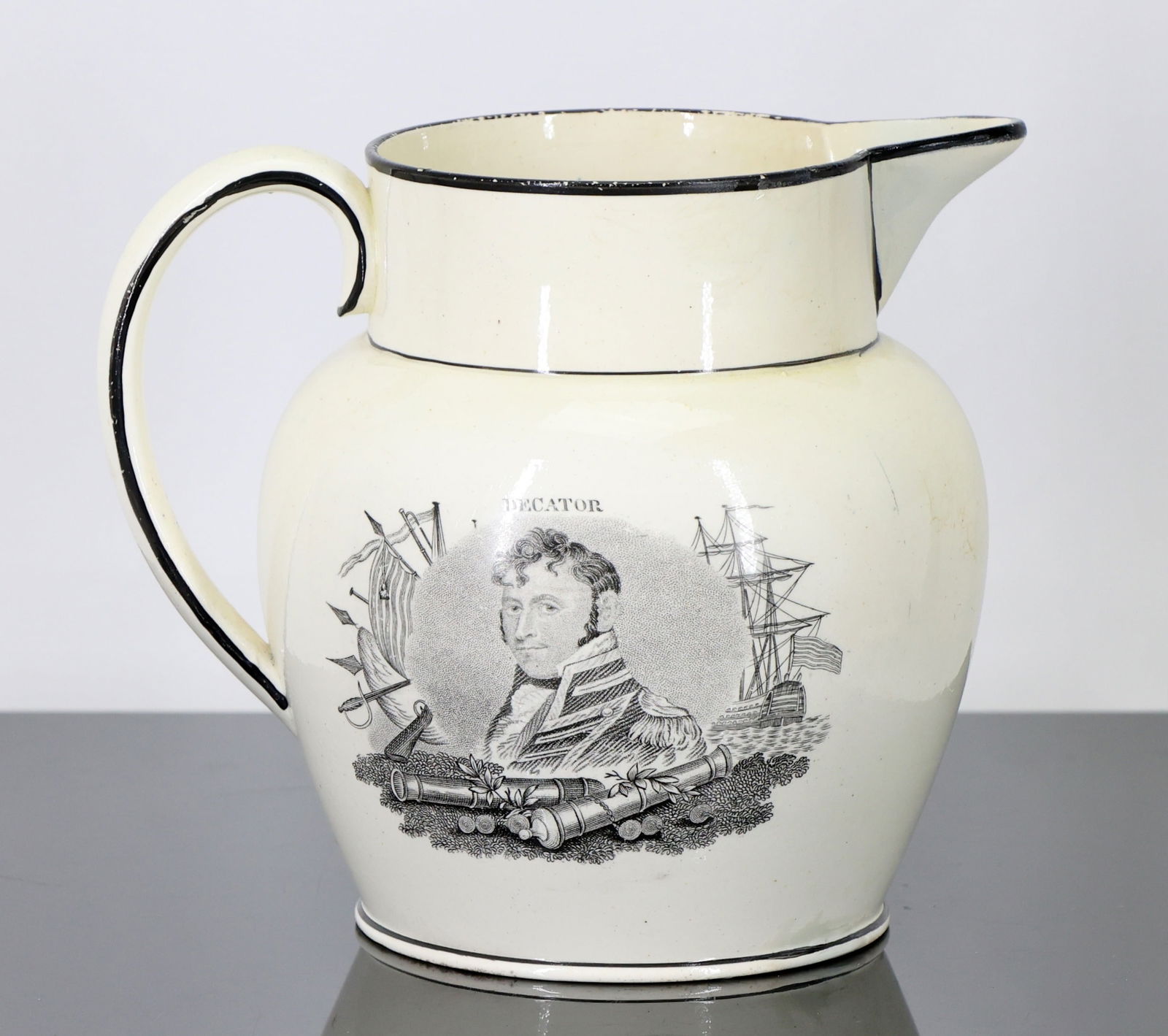 Creamware Jug Depicting Stephen Decatur and the USS Wasp, c. 1815 (1 of 8)