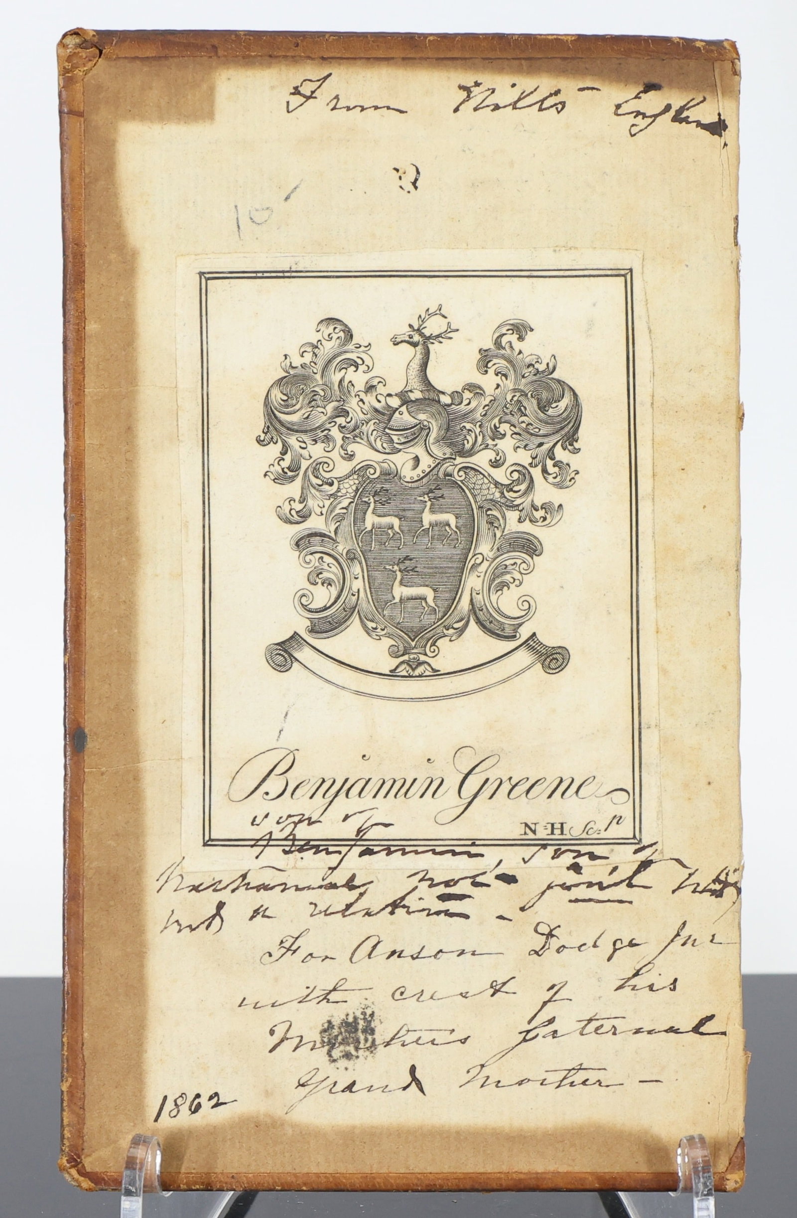 Benjamin Greene Bookplate: Bookplate belonging to Benjamin Greene (1713-1776), artwork by Nathaniel Hurd (1729-1777).