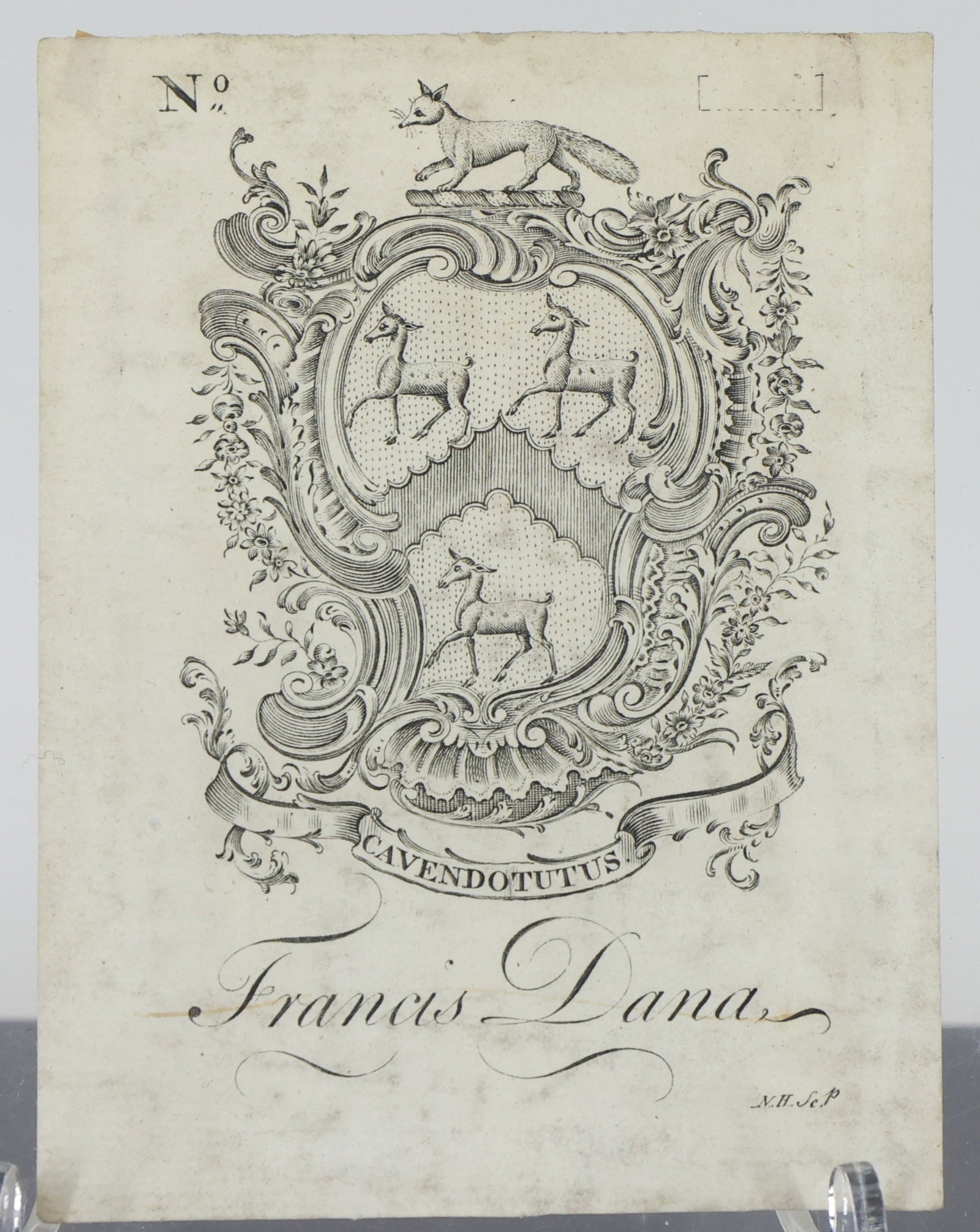 Francis Dana Bookplate: Bookplate belonging to Fancis Dana, artwork by Nathaniel Hurd (1729-1777). 4.5"h x 3.25"w