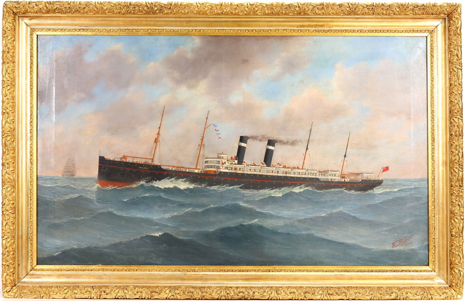 Franz Kleinfeldt (1920 - 2008): Oil on canvas, SLR. Maritime scene of the Red Star Line steamship S.S. Zeeland under steam and sail in open waters. Condition: canvas has been repaired. 29"h x 45"w framed