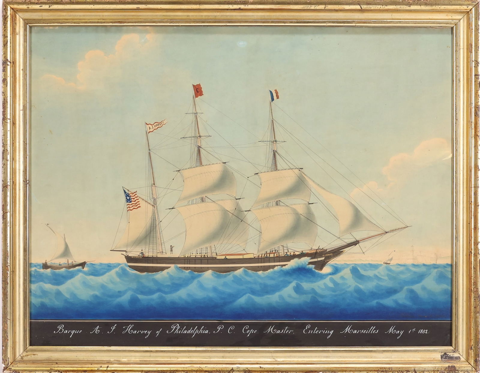Honore Pellegrin (1793 - 1869): Watercolor on paper "Barque A.J. Harvey of Philadelphia, PC Cope Master, Entering Marseilles, May 1st 1852". Extant label en verso reads "Hre Pellegrin / Dessinateur de Navires / Rue Thiars, 46/ 3me E