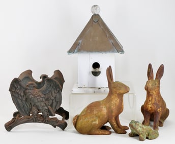 Cast Iron Garden Ornaments and Painted Birdhouse