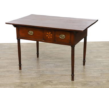 Sheraton Walnut Tavern Table: Rectangular peg top having an off-center wheel inlay motif flanked by two distinct dovetail drawers on turned tapered legs. 30"h x 47"w x 30"d