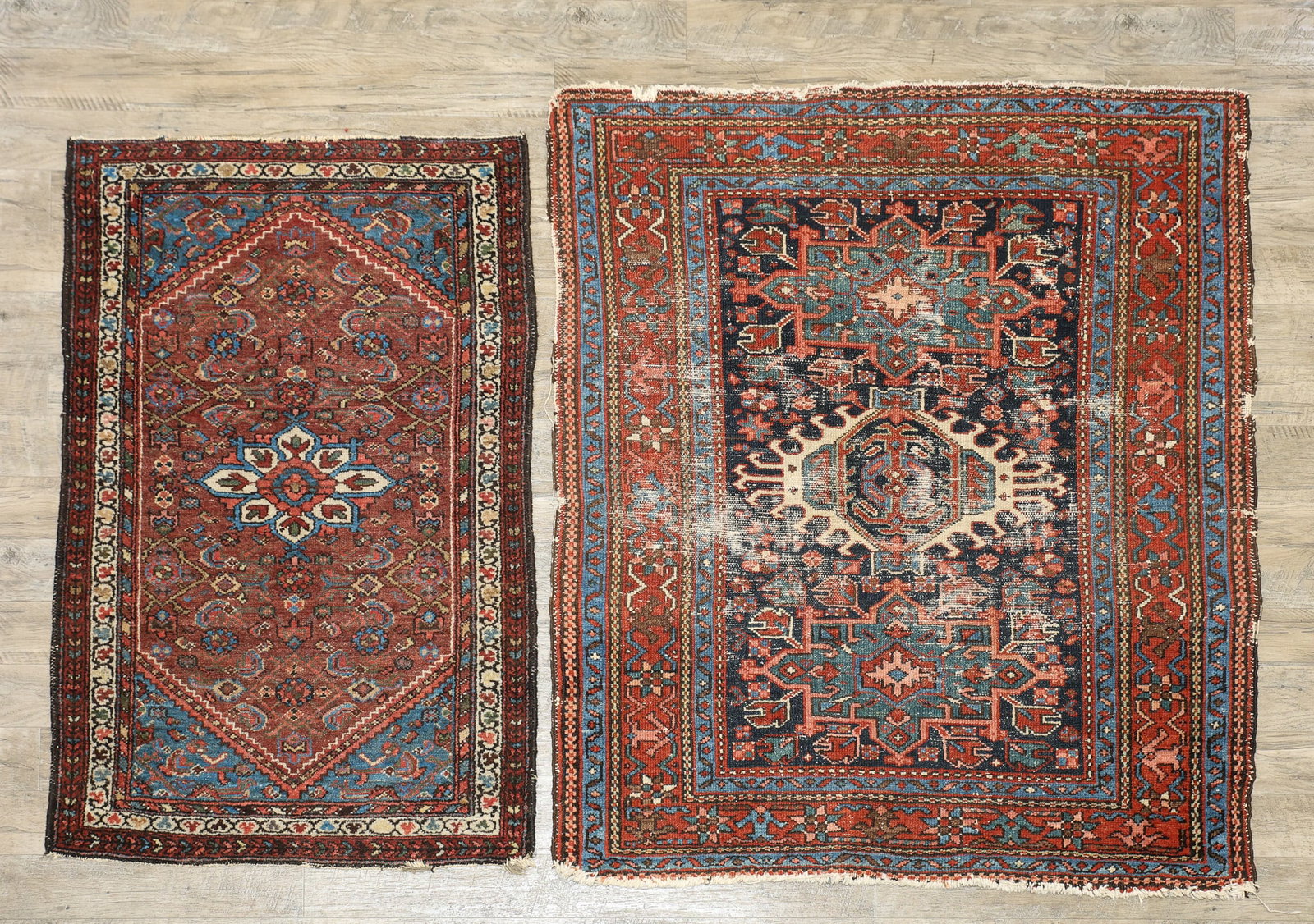 Persian Karaja and Hamadan Rugs: Hand knotted wool piles. Early 20th c. Karadja having a triple geometric and latch-hook medallions with rectilinear patterns throughout in polychrome colors of red, light and navy blues, salmon, and c