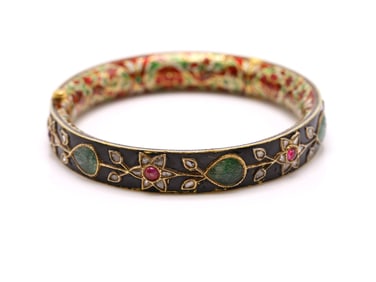 18k YG Mughlal Style Diamond Jade Ruby and Enamel Bracelet