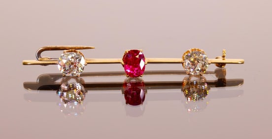 14K YG Diamond and Ruby Pin