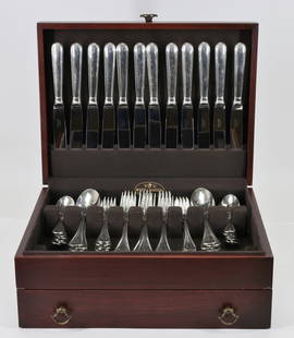 Christofle "Albi" Silver Plate Flatware Service for 12: French silver plate service, including 8" dinner forks, 9.5" hollow handle knives, salad forks, soup spoons, and teaspoons. (60) pieces. Includes a storage case, 6"h x 14.75"w x 11.25"d