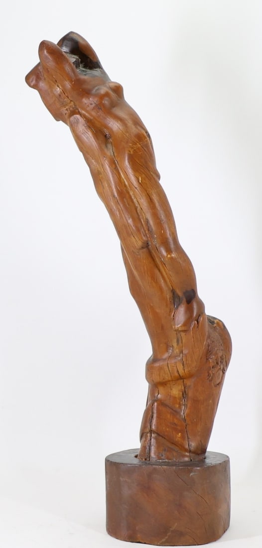 Rene Shapshak (1899 - 1985): Modern Judaica, abstract sculpture, "Birth of Israel", carved relief on Israeli olive wood in the form of back-to-back nude male and female figures with a child and an elderly man at their feet, mount