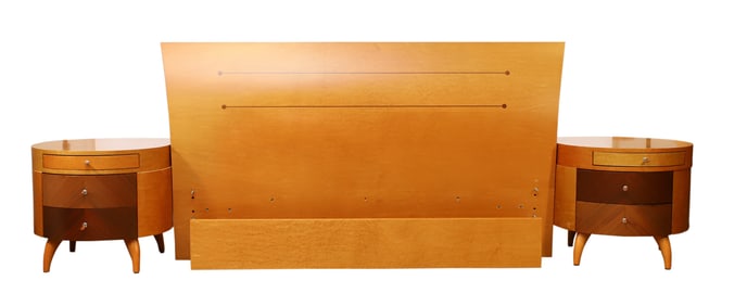 Maurice Villency Bird's Eye Maple and Satinwood Bed With Nightstands