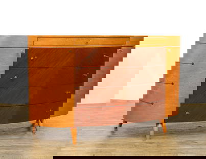 Maurice Villency Bird's Eye Maple and Satinwood Dresser: Bird's eye maple serpentine dresser, featuring one small drawer over four drawers with matched satinwood veneers and leather pulls, flanked by rounded side cabinets with inlaid satinwood bands and lea