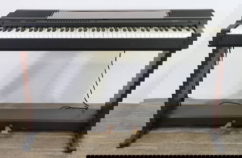 Yamaha Clavinova CVP-5 Digital Piano with Stand and Pedals: Yamaha Clavinova CVP-5 digital piano featuring a full keyboard with black and white keys, onboard control panel, built-in speakers, wood grain details, and two pedals integrated into the wooden stand.