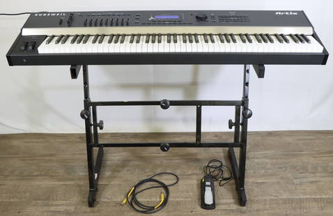 Kurzweil Artis Digital Stage Piano with Stand and Accessories: Kurzweil Artis digital stage piano featuring 88 weighted keys, onboard controls, and connectivity ports for MIDI, audio, and USB. Includes adjustable metal stand, power cable, sustain pedal, and audio