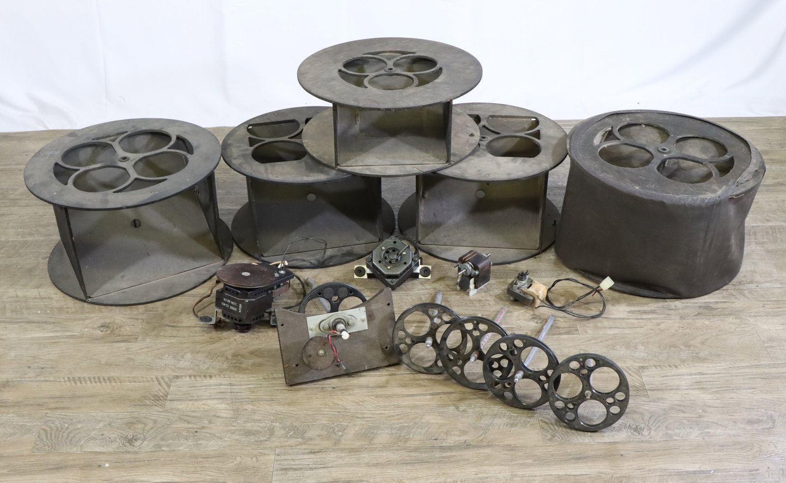 Leslie Rotors and Accessories: Leslie lower rotors. Multiple sizes. Includes associated components like axles, pulleys, and wiring. Various motors and more. Largest 10"h x 17"dia