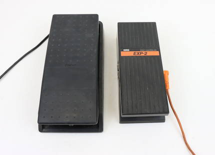 Korg EXP-2 and Yamaha Expression Pedal: Korg EXP-2 and Yamaha pedal controllers, each with integrated cables and jack connections. The Korg EXP-2 has dual input/output ports and an orange cable. The Yamaha features a single integrated cable