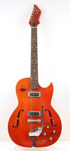 Kay Speed Demon Hollow Body Electric Guitar: Kay Speed Demon Electric Guitar 1950's/1960's Semi Hollow body. "Sprite" red finish. Bigsby-styled tremolo bar tailpiece. 4 tone knobs. Missing original pickguard. padded gig bag.Bag measures 48"h x 1
