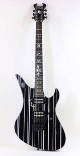 Schecter Synyster Gates Diamond Series Electric Guitar: Schecter Synyster Gates Diamond Series electric guitar, crafted in South Korea with a black body featuring white pinstripes, skull inlay fretboard design, and dual humbucking pickups. Includes a tremo