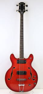 Epiphone EA-260 Electric Bass Guitar: Epiphone EA-260 electric bass guitar in cherry red finish, featuring a semi-hollow body with dual f-holes, two pickups, and tone and volume control knobs. Includes a standard adjustable neck, chrome h