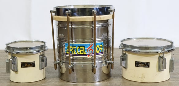 Pair of Pearl Bongo Drums and Stainless "Can" Drum.