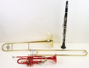 Bach Trombone with Case, Red Brass Trumpet, and Clarinet