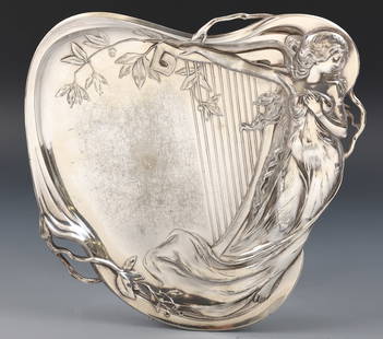 WMF Silver Plate Card Tray: German Art Nouveau / Jugendstil freeform silver plate card tray, decorated with a fantasy woman in relief reclining against a harp and surrounded by foliage. Marked. 9"h x 8.75"w