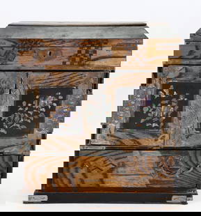Chinese Export Jewelry Box: Chinese export jewelry box decorated with parquetry and inlay. The doors have mother of pearl floral panels and metal mounts, the interior has lacquer painted drawers with landscape motifs. A handwrit