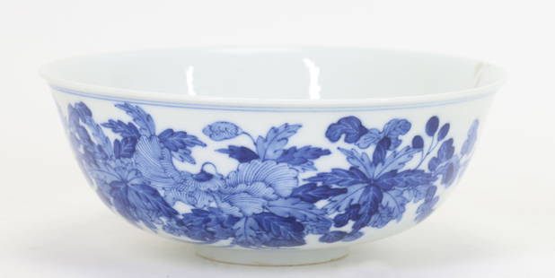 Chinese Jiangxi Porcelain Company Bowl: Late Qing - early Republic era blue and white porcelain footed bowl decorated to the exterior with chrysanthemum flowers and foliage and double line top border. Jiangxi Porcelain Company (Jiangxi Ciye