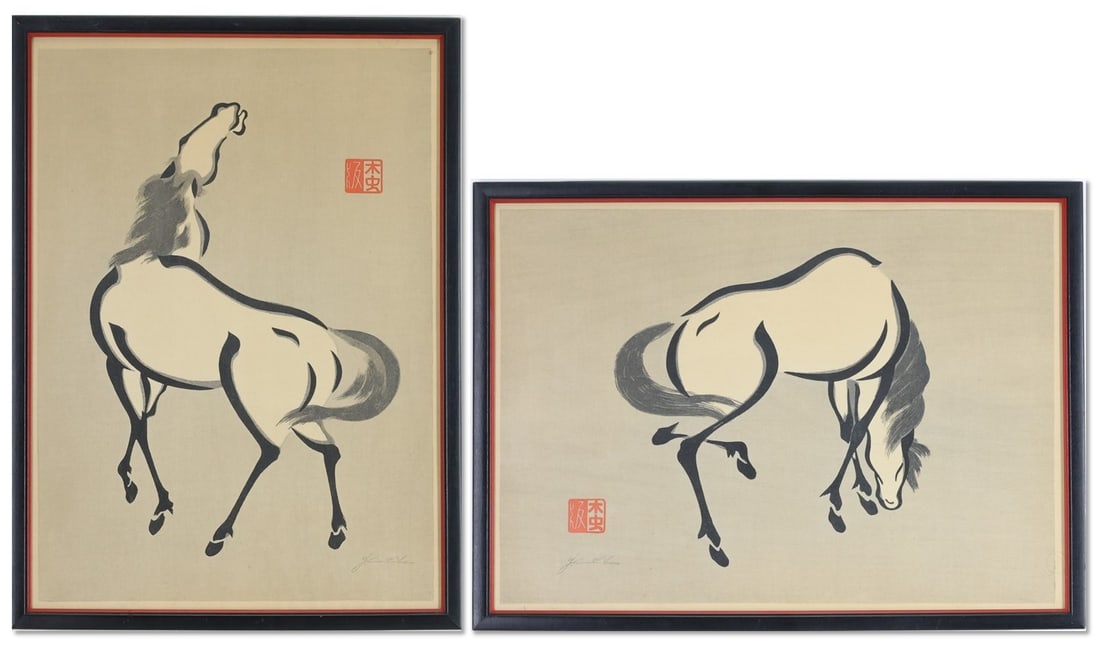 Mokuchu (Yoshijiro) Urushibara (1888 - 1953): Japanese sumi-e style ukiyo-e woodblock prints, depictions of horses, with seal in the plates, and each pencil signed. Oban size, sights 10.25" x 14.25", 11.25" x 15.25" framed