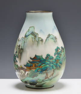Ando Jubei Japanese Cloisonne Vase: Meiji - Showa era silver wire cloisonne squat vase with silver mounts, depicting figures, buildings, and a bridge in a misty mountain landscape. Marked to the foot for Ando Jubei (1876 - 1953). 9.75"h