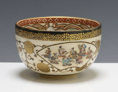 Kyozan Japanese Satsuma Pottery Bowl: Meiji era bowl, the exterior decorated with fan form panels depicting Samurai and court officials, connected by scrolling tendrils and balls with geometric motifs to other panels depicting birds and b