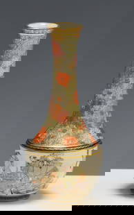 Kaizan Japanese Satsuma Pottery Vase: Meiji era miniature vase decorated with Immortals and attendants, with a mille fleur motif to the shoulder and neck, accented with geometric borders. Marked to the foot for Kaizan. 3.5"h x 1.5"w