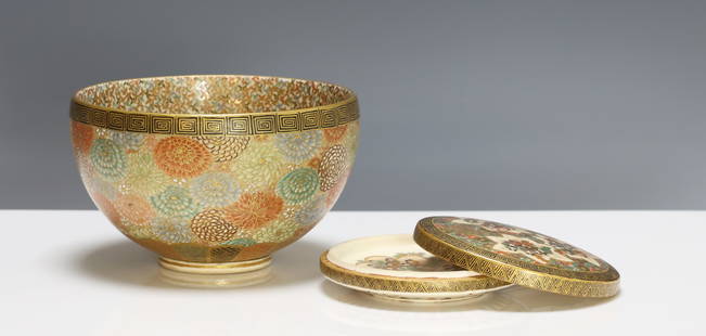 Kinkozan and Other Japanese Satsuma Pottery Wares: Meiji - Taisho era Satsuma wares, including a small box decorated to the top and interior with panels in various shapes depicting court figures, surrounded by floral, geometric, and butterfly motifs,