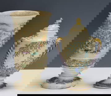 Masayasu for Kinkozan and Other Japanese Satsuma Pottery Vessels: Meiji era covered and double handled urn depicting bamboo and flowers with accents of geometric bands and a partly textured surfaces, marked to the foot for Masayasu and Kinkozan, and a complementing