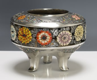 Attr. Hiratsuka Mohei Japanese Enameled Silver Censer