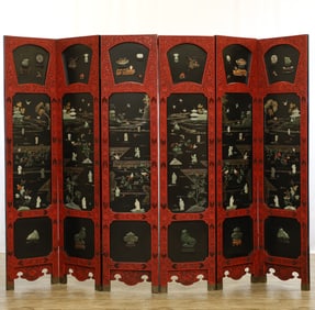 Chinoiserie Red Lacquered and Nephrite Jade Screen