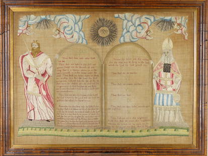English Ten Commandments Sampler, 18th c.: English Ten Commandments sampler worked by Hanah (sics) Watts, circa 1750. Ten commandments flanked by Moses and Arron, metallic sun and putti in the clouds. Lower portion reads "Hanah Watts finished
