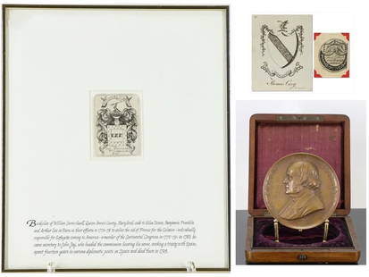 Historical Bookplates, Watchpaper, and Medal: Bookplate belonging to William Carmichael Jr. (1738-1795) with clan motto "Toujours Prest" (Always Ready/Always prepared), and another belonging to Thomas Cary and engraved by Joseph Callender, Boston