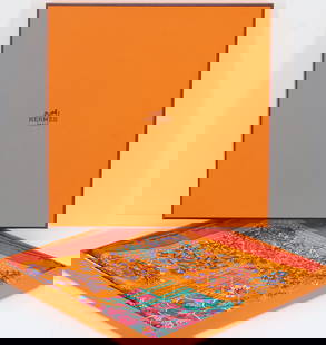 Hermes Silk Scarf: Hermes silk "Pique Fleuri de Provence" scarf with multicolor floral and geometric motifs on an orange ground. Includes original Hermès box and gift receipt. 34"h x 35"w.