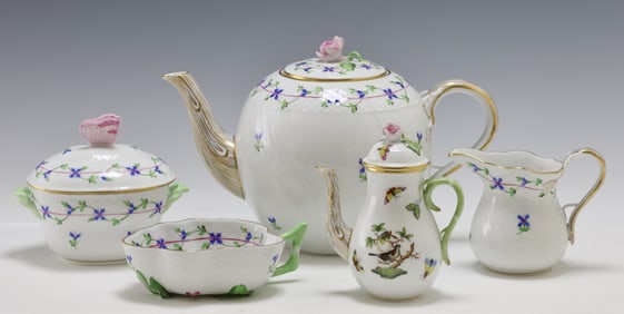 Herend Blue Garland Porcelain Tea Service with Rothschild Bird Coffee Pot