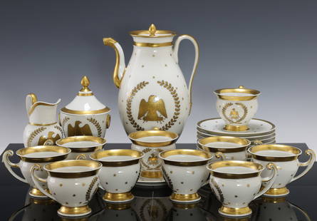 Old Paris Porcelain Coffee Service for 10: 19th C. porcelain service decorated with the Napoleonic Eagle framed by laurels and surrounded by stars, including a coffee pot, a creamer, and a covered sugar bowl, all hand marked Paris, along with