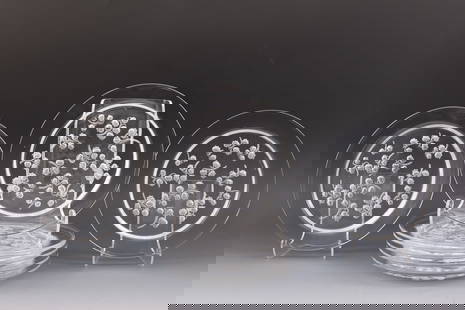 Lalique Muguet Salad Plates: French molded crystal salad plates, frosted lily of the valley motif on a clear background, with engraved markings. A set of (8). 8.25"w